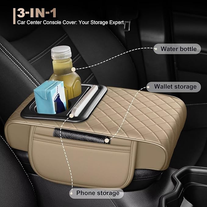 Center Console Cover Fit for 4Runner Faux Leather Car Armrest Cushion with Storage Bags, Cup Holder ＆ Phone Storage Multifunctional Middle Console Cover(Beige)