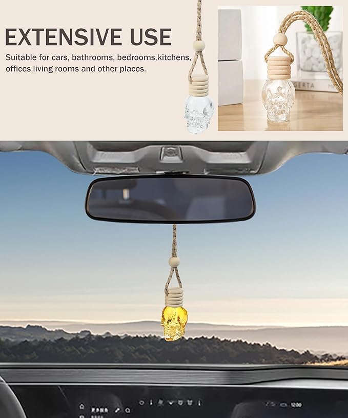 bylikeho 7PCS Car Diffuser Bottle,Automotive Use Car Diffuser Car Hanging Glass Bottle,Car Accessories Car Decor Car Hanging Diffuser,Skull Glass Bottle Hanging Diffuser Bottle for Cars
