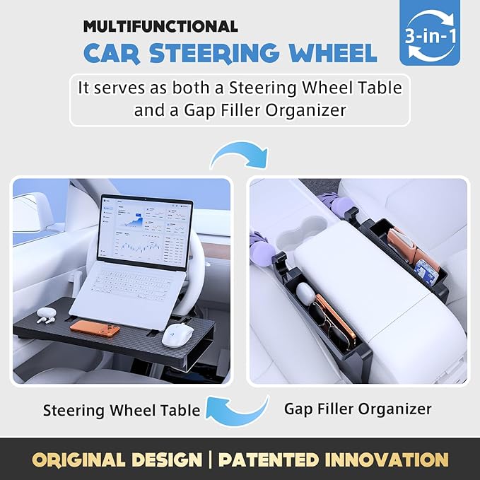3 in 1 Car Steering Wheel Desk Tray & Car Seat Gap Filler & Organizer, Foldable Carbon Fiber Look Adjustable Car Tray,for Laptops, Eating Food, Writing, Entertainment.