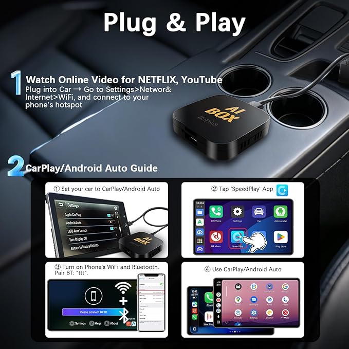 AI Box Carplay, 2+16GB Ai Magic Box for Streaming Netflix/YouTube/TikTok, Car Play Wireless Adapter Supports iPhone & Android Auto, Plug & Play, for Cars with OEM Wired CarPlay/Android Auto
