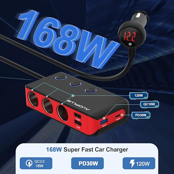 Car Cigarette Lighter Adapter, USB C Charger 30W and Quick Charge 3.0 Car Cigarette Lighter Splitter, 12V/24V Independent Switches, Fast Car USB Charger for All Car Devices, iPhone 14/13/12 pro