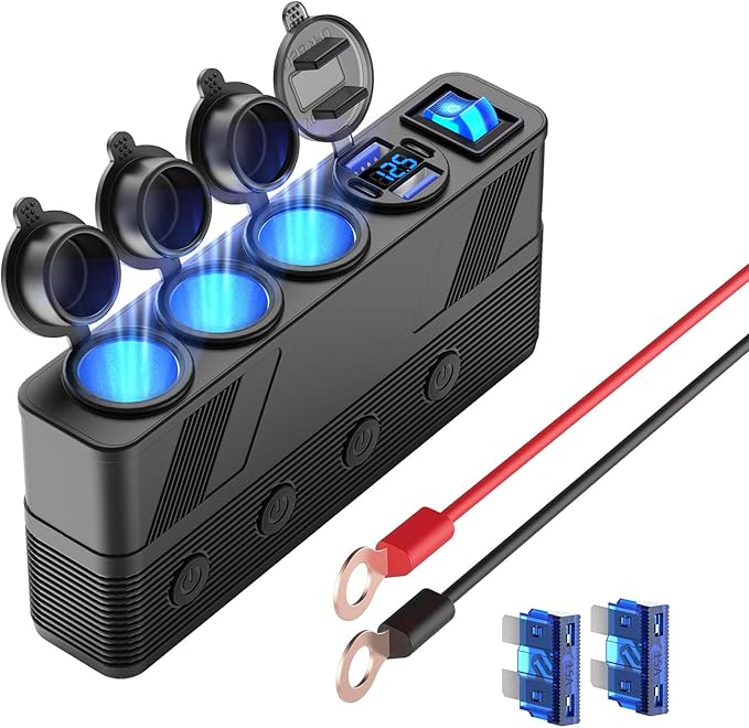 12V 24V Car Charger Socket Splitter with 10FT/3M Cable, 3 Cigarette Lighter Socket Multi 4 Port Adapter Plug with LED Display Master Switch Independent Switch,12 Volt Power Outlet with Eyelet Terminal