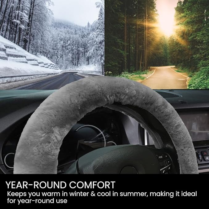 Andalus Brands Luxury Fluffy Car Steering Wheel Covers – Genuine Merino Sheepskin, Soft Fuzzy Car Steering Wheel Cover for Women, Universal 14.5-15" Size, Plush Fur Cute Auto Accessories, Gray