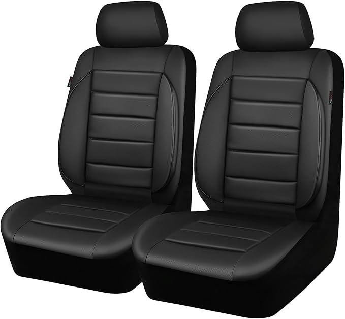 CAR PASS Faux Leather Car Seat Covers Front Seats Only, 3D Foam Support Car Seat Covers, Universal fit for Trucks Vans SUVs Sedans Automotive Comfortable, Airbag Compatible 2 Pieces Front Solid Black