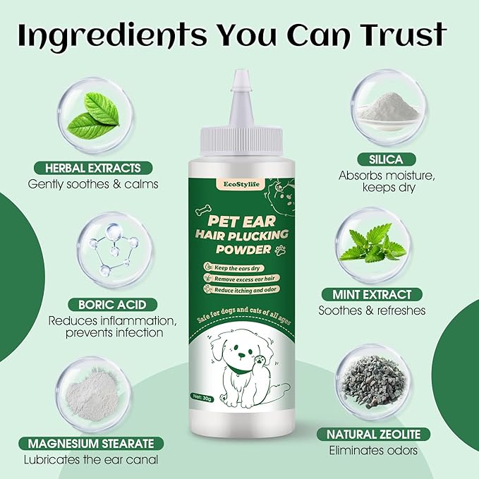 Dog Ear Hair Removal Tool – 30g Ear Powder, 5.5" Hemostat & Electric Dog Ear Trimmer – Helps Reduce Wax & Odor – Grooming Kit for Schnauzers, Poodles & Breeds with Ear Hair