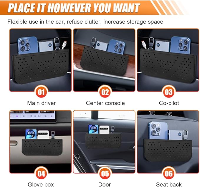 Car Seat Side Pocket Organizer, Multifunctional Mini Console Storage Bag for Phone, Keys, Sunglass, Wallet, PU Leather Tray Pouch Car Organizer Accessories for Seat, Door, Window, Console (Black)