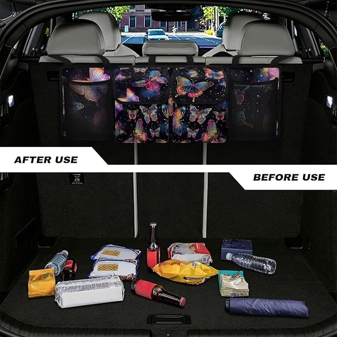 Colorful Butterfly Car Trunk Organizer with 4 Storage Bags Hanging Waterproof Car Back Seat Organizer for SUV,Truck,Van Collapsible Cargo Bag