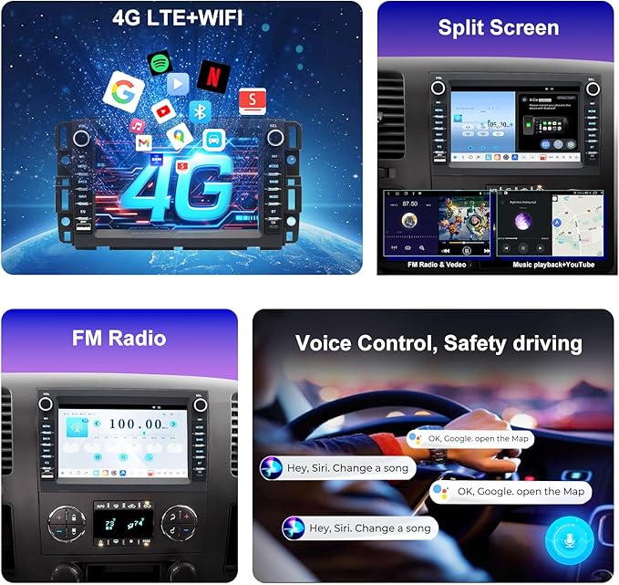 4G LTE QLED Radio for Chevy Silverado GMC Sierra Yukon 2007-2013,Touch Screen 8core Stereo Upgrade,Wireless carplay & Android Auto,Fast Charge,Free Backup Camera