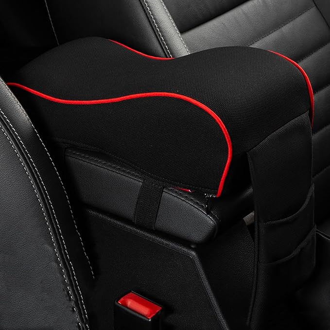 Auto Center Console Armrest Pillow, Memory Foam Car Armrest Cushion with Phone Holder Storage Bag Universal Fit for Most Car (Black & Red)