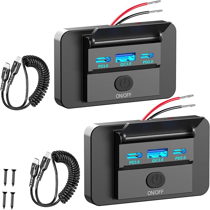 2 Pack 90W 12 Volt USB Outlet Panel Wall Mount Ouffun Dual 36W PD & QC3.0 18W Car USB Port Charger Socket with Dual 65W USB C Cable for Car Bus RV Truck