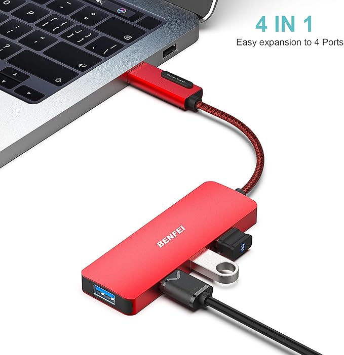 BENFEI USB 3.0 Hub, USB-C HUB, 2-in-1 USB Type-A/Type-C Hub with 4 USB 3.0 Ports [Aluminum Shell, Nylon Braided] Compatible with iPhone 15 Pro/Max, MacBook Pro/Air 2023, iPad Pro, iMac, S23, XPS 17