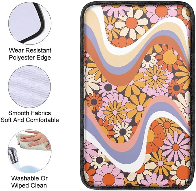 Dreaweet Hippie Flower Car Center Console Cushion Pad,Universal Armrest Seat Box Cover Protector,Comfortable Car Decor Accessories Fit for Most Cars,Trucks,SUV