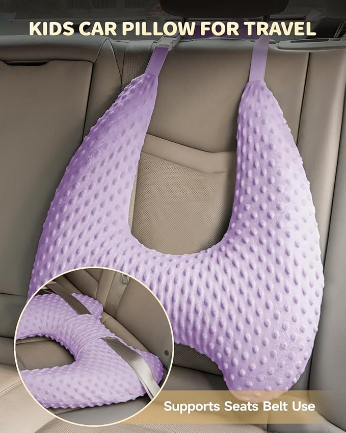 Memory Foam Kids Travel Pillow, Car Pillow for Kids, H-Shape Car Pillows for Sleeping, Removable Pillowcase, Adjustable, Velvet Dots, Purple
