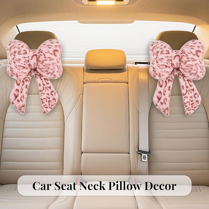 2 Pack Bow Car Headrest Pillow Comfortable Soft Plush Head Rest Cushion, Neck Pillow for Driving Office Use and Car Interior Decoration (Pink Leopard)