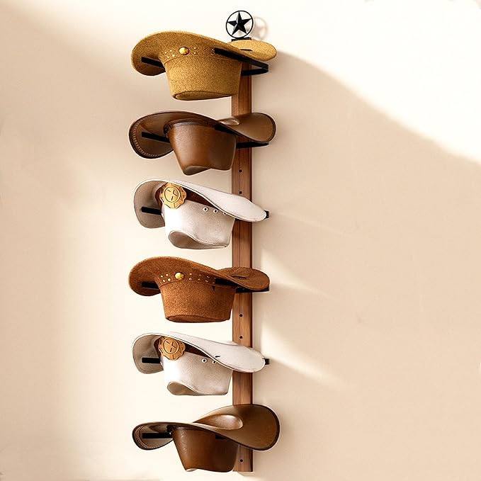 Cowboy Hat Rack for Wall – 3-Piece Western Hat Holder, Rustic Wooden & Metal Wall Mounted Cowboy Hat Organizer, Holds up to 6 Hats, Cowboy Room Decor & Storage Display Rack