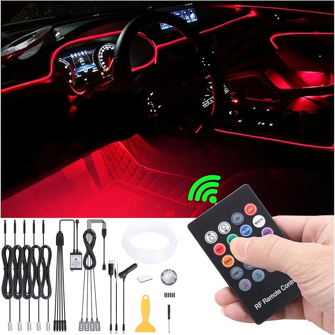 Car Ambient Lighting Kit 64 Colors Multicoloured Music Optic Fiber RF Remote Control Car DIY Decorative Atmosphere Lighting DC 12V 1W 6m