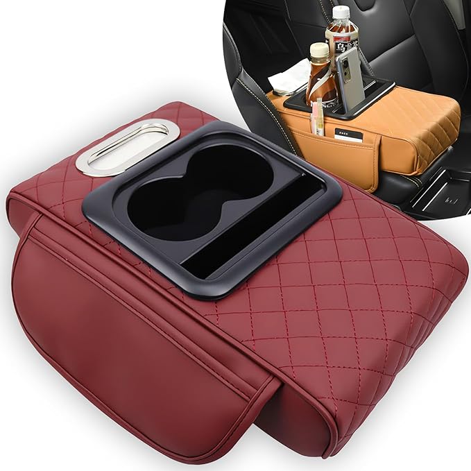 Multifunctional PU Leather Car Armrest Box Mat, 5-in-1 Multifunctional Car Armrest Cushion, Center Console Cover with 2 Cup Holder, For Storing Tissues, Phones, Wallets, Drinks, for Most Cars (Red)