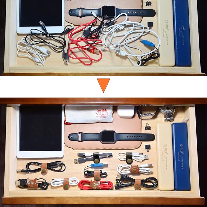 CAILLU Cord Organizer,Cord Holder,Cable Clips Leather,Cable Organizer USB Holder,Wire Organizer,Cord Keeper,Phone Cord Organizer Ties Mens Stocking Stuffers for men