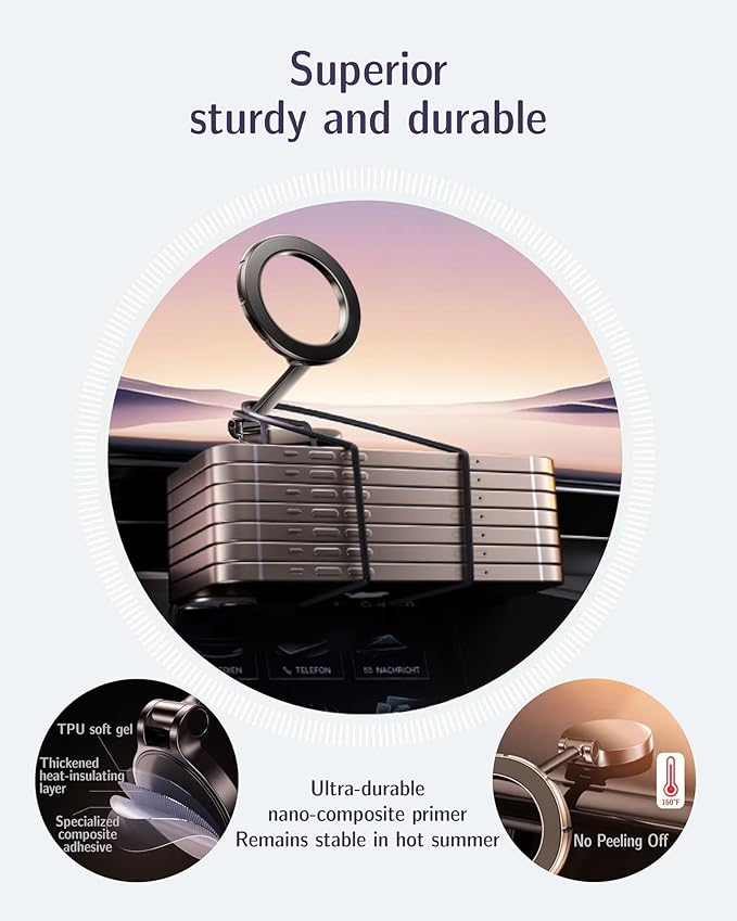 AAF for MagSafe Car Mount, Ultra-Strong Magnetic Phone Holder for Car &Bed &Desk Compact Dashboard Windshield, All Metal 360°Free Rotation [One-Hand Adjustable] Foldable, Easy Setup for iPhone Android