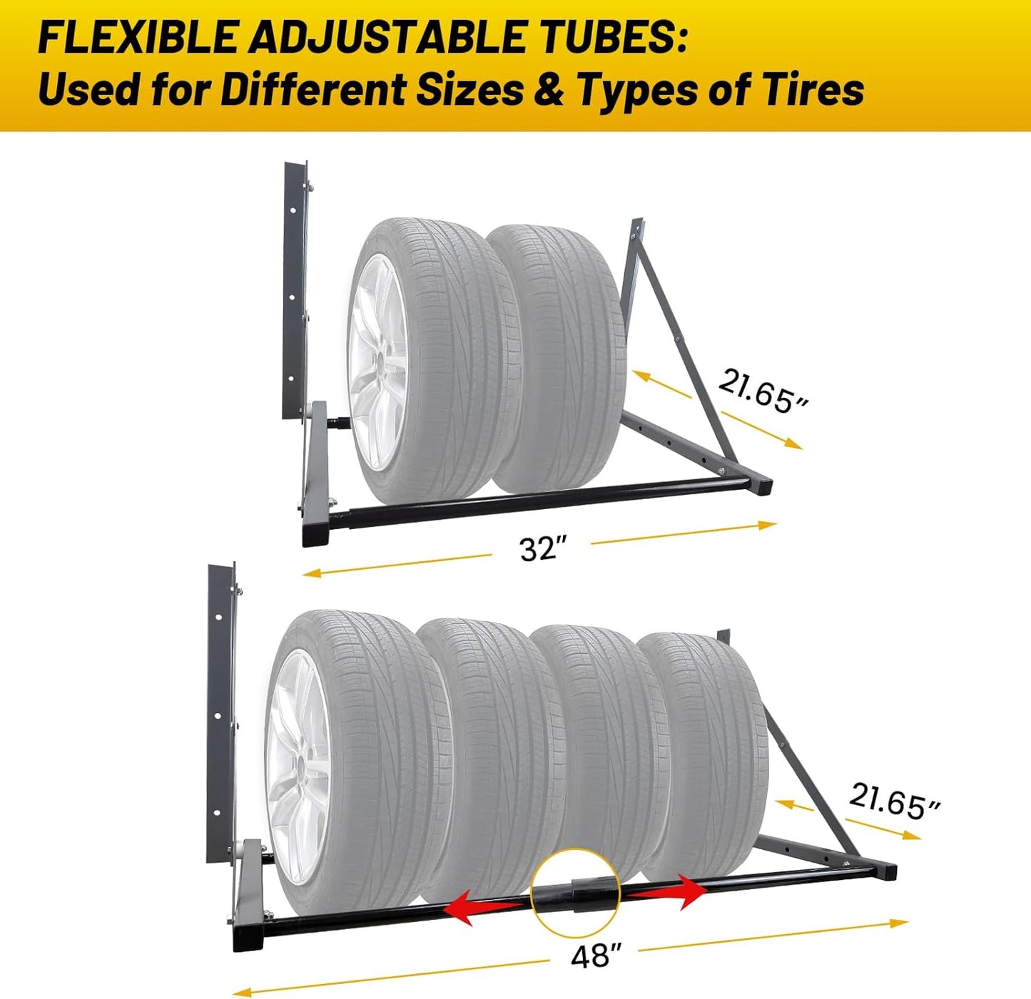 ROBLOCK Adjustable Tire Rack Wall Mount for Garage, Folding Wheel Spare Tire Carriers with Heavy Duty Steel, Adjustable Length(32"-48"), Grey