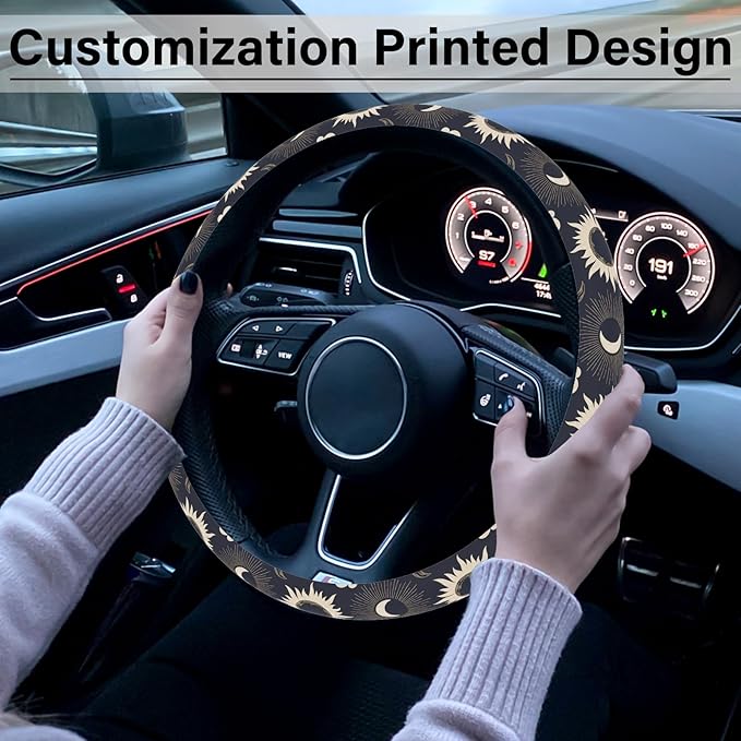 Sun Moon Steering Wheel Cover, Cute Print Elastic Steering Wheel Cover Protector, Ultra-Thin Skin-Friendly and Breathable, Car Accessories for Men, for Steering Wheel with a Diameter of 14.5"-15"