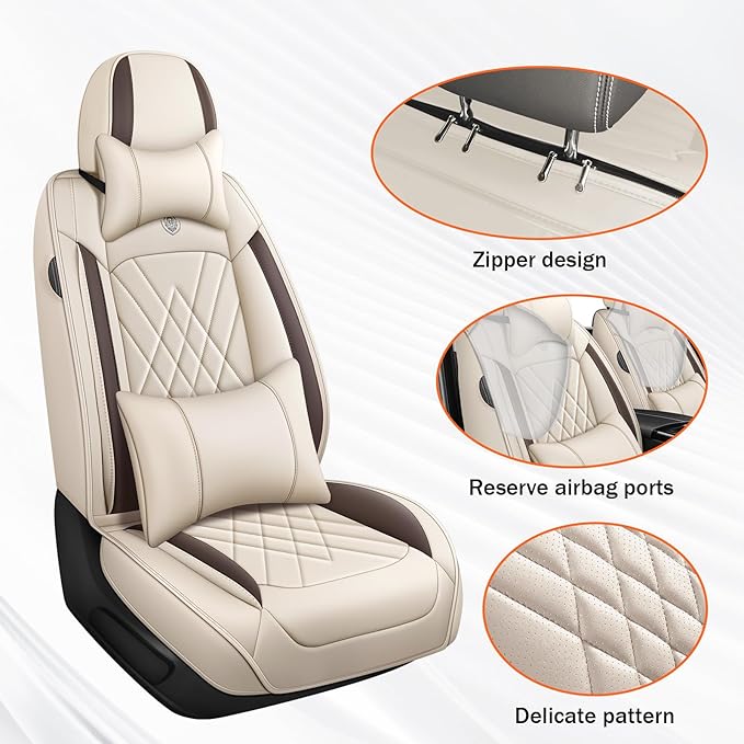 Car Seat Covers Compatible with Toyota Camry 1999-2026 Durable Waterproof Automotive Seat Covers Stretchable Fabric Material, Airbag Compatibility, Nappa Leather(Full Set with Pillow, Beige Brown)