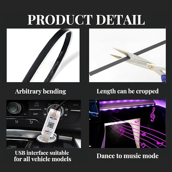 Interior Car Ambient Lighting Kit, 43.3 Inches RGB USB LED Ultrathin Acrylic Strip Lights Neon Accessories for Cars Truck SUV Center Console Dashboard with APP&Remote Control