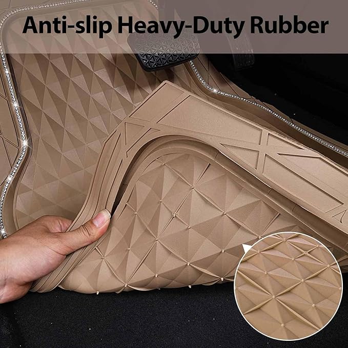 CAR PASS Bling Diamond Rubber Car Mats, Heavy Duty Deep Dish All-Weather Floor Mat Full Set Anti-Slip 3D Rhombus Waterproof Trim Fit Liner Universal Glitter Sparkly Shining Rhinestone, Beige Rubber