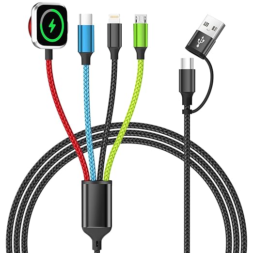 Travel Essentials 4 in 2 Multi Charging Cable for iWatch Charger, USB A/USB C Charging Cords for iWatch Ultra/SE/11-2, iPhone 17-11, Galaxy S25-21, iPad (1PACK 5FT)
