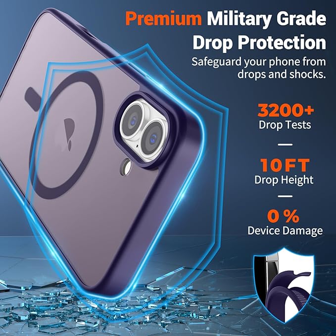 SUPFINE Magnetic for iPhone 16 Case (Compatible with MagSafe) (Military Grade Drop Protection) Slim Translucent Matte Shockproof Phone Cover,Dark Purple