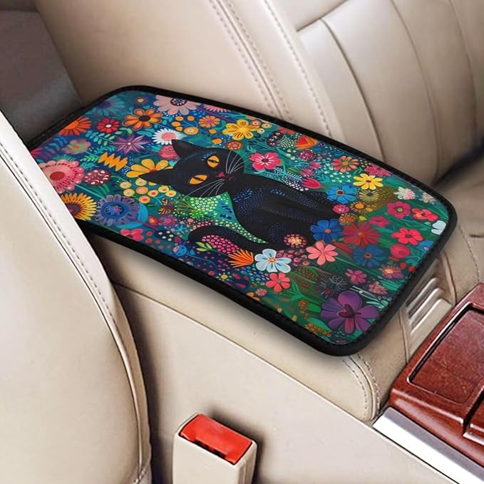 Cute Cat Floral Car Center Console Cover Cats Hippie Armrest Cover Cushion Boho Flower Car Armrest Pad Universal Car Interior Accessories Protector