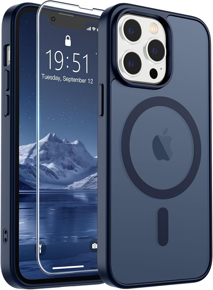 SUPFINE Magnetic for iPhone 13 Pro Case with Screen Protector (Compatible with MagSafe) (Military Grade Drop Protection) Translucent Matte Shockproof Phone Cover,Dark Blue