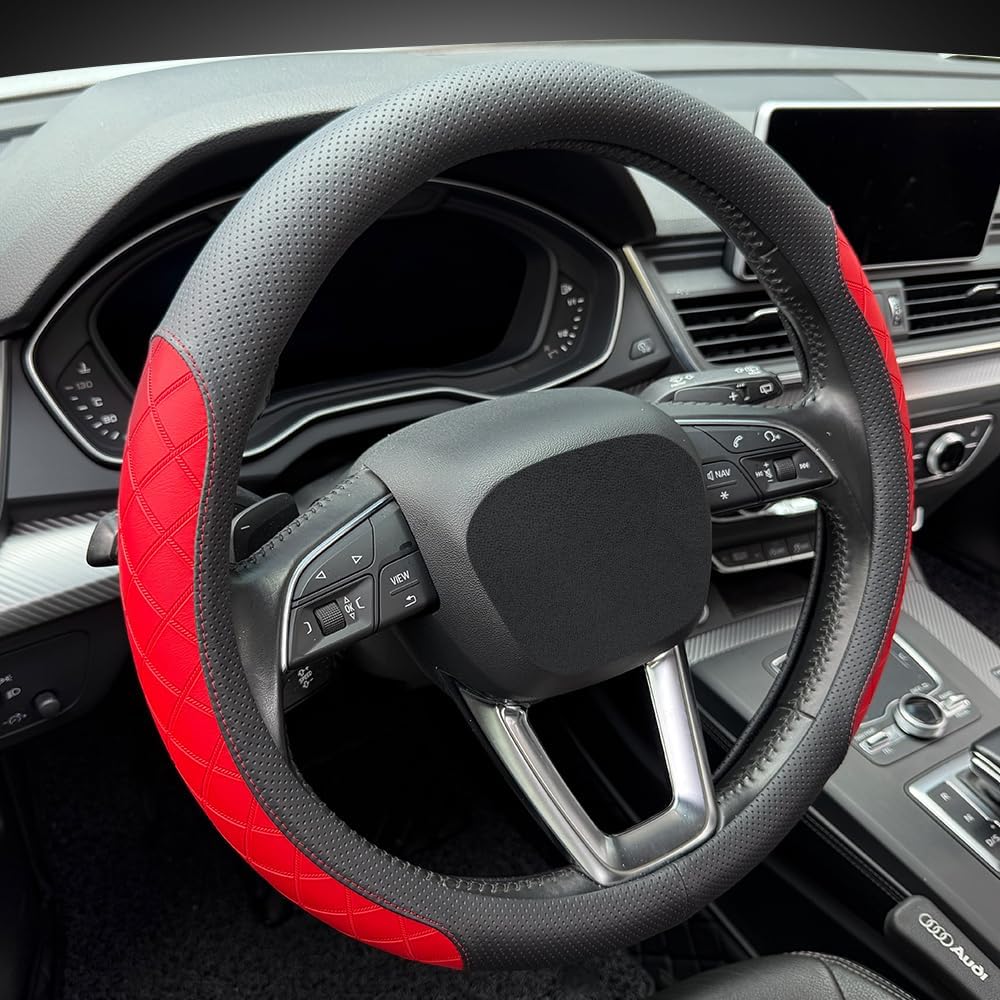 LKWLIKEI Nappa Leather Steering Wheel Cover, Elegant Diamond Checkered Design, Non-Slip wear-Resistant, Enhance Driving Comfort, Suitable for Steering Wheel Diameter 14 1/2‘-15’ Models .Black Red