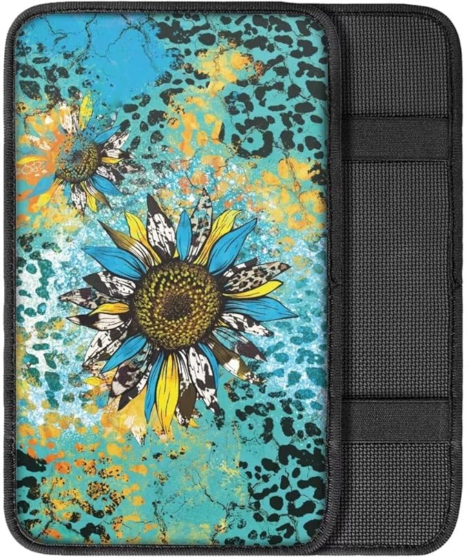 Coldinair Sunflower Auto Car Armrest Cover,Leopard Print Car Center Console Pad,Soft Seat Box Cover Protector Cushion,Car Accessories Decor for Most Cars,Sedan,Truck,SUV