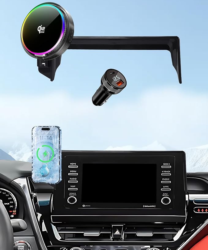 Qi2.2 25W Magnetic Car Mount Charger for Toyota Camry 2021 2022 2023 2024 Accessories, for Fast Charging Cell Phone Holder 7 Inch Screen Fixed Clip with Cooling Fan＆54W Fast Adapter