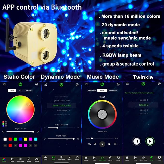AZIMOM Bluetooth 20w Upgraded Fiber Optic Lights Twinkle Star Ceiling Lighting Kits 1100pcs0.03in13.1ft Fiber Strands Dual Port RGBW Sound Remote Control Light Source Home Indoor Car Ceiling Decor