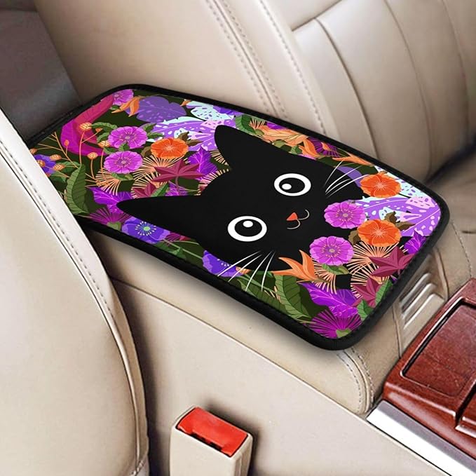 Universal Car Center Console Cushion Pad, Purple Flowers Black Cat Soft Waterproof Car Center Console Cover Auto Armrest Seat Box Cover Protector for Most Vehicle SUV Truck Car