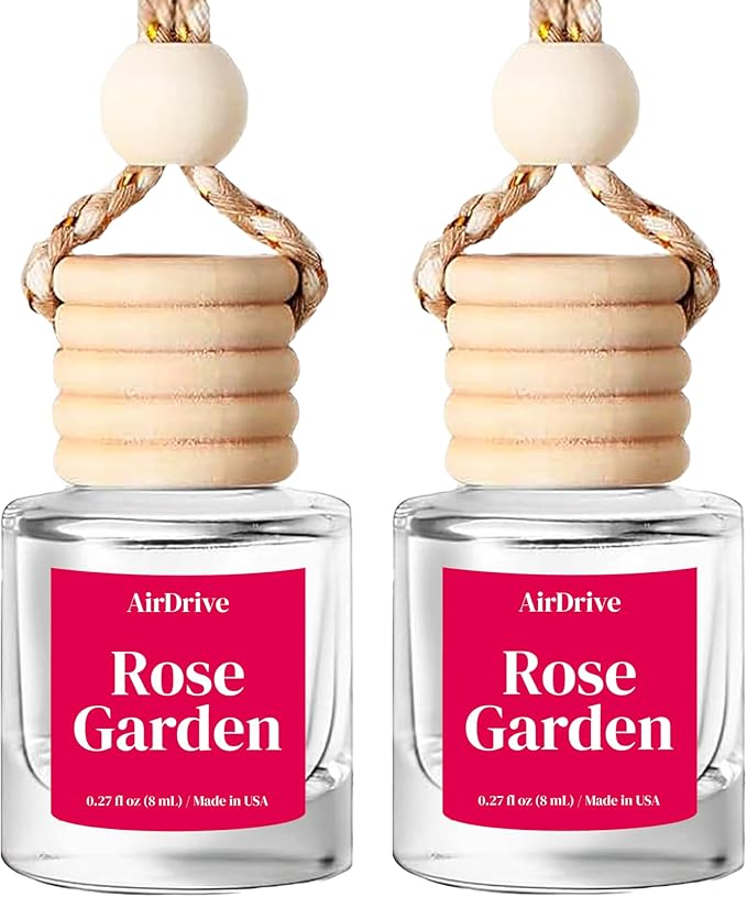 Car Air Freshener, 2 Pack Hanging Oil Diffuser With Wooden Cap, Gift For Men & Women, Non-Toxic Rearview Mirror Car Accessory, Made in USA, Odor Eliminator For Car (Rose Garden)