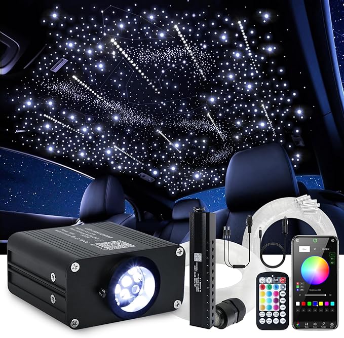 16W Car Home Starlight Headliner Kit, Twinkle & Sound Activate RGBW Fiber Optic Lights with APP & Remote Control, Shooting Star Lights for Ceiling Decoration, 600 pcs 9.8ft
