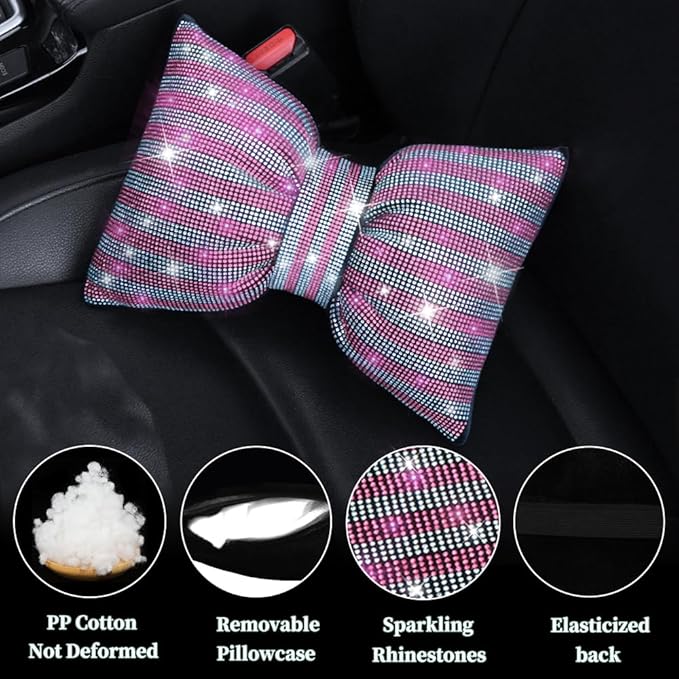Bling Bling Rhinestones Car Pillow Headrest Auto Seat Headrest Cushion with Bling Rhinestone Automotive Accessories for Women Ladies and Girls Car Seat Pillow for Driver White-Pink 2Pcs