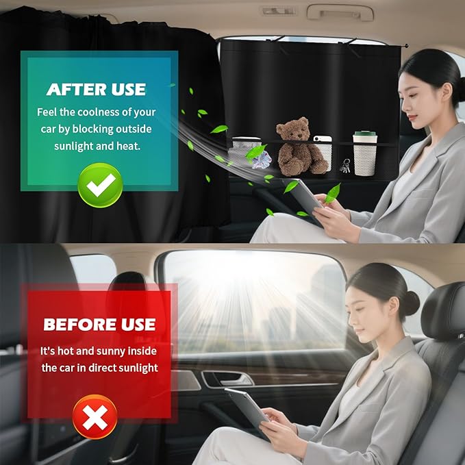 2PCS Rear Car Window Shades+1PC Car Privacy Curtains Kit,Upgraded Window Shade for Cars with 3 Mesh Storage Pockets,Summer Essentials Insulated Windows Cars Shades for Most Vehicle (Storage Pockets)