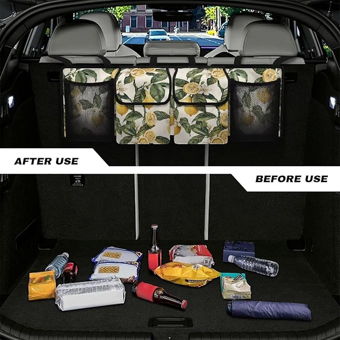 Retro Lemon Trunk Organizer for SUV Back Seat Car Hanging Cargo Storage Bag 4 Pockets Car Accessories for Women Interior