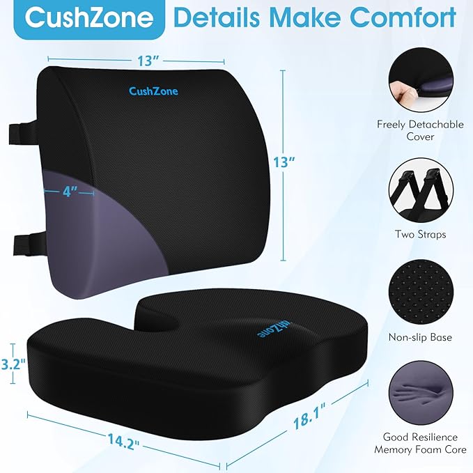Ergonomic Seat Cushion & Lumbar Support Pillow - Memory Foam for Sciatica Pain Relief & Posture Correction, Non-Slip Chair Cushions for Office Chair/Car/Wheelchair/Travel (Black)