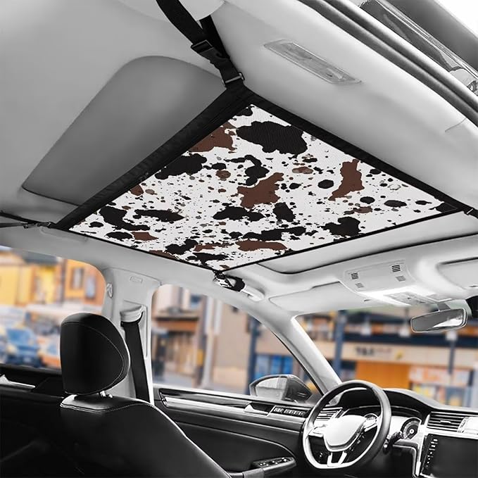 Generic Cow Print Car Ceiling Cargo Net Pocket, 31.69"x24.02" Adjustable Mesh Roof Organizer, Long Trip Storage Bag, Universal Car Ceiling Storage Net Truck Pocket with Zipper Buckle