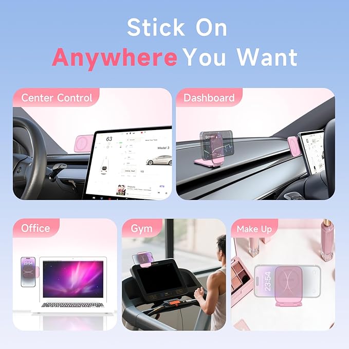 Pink Foldable Magnetic Phone Mount, Hidefold Ultra-Thin Magnetic Phone Holder for Car with Dual Side Strong Magnets, Car Accessories for Women, Fit for All Phone, Dashboard, Laptop, Gym