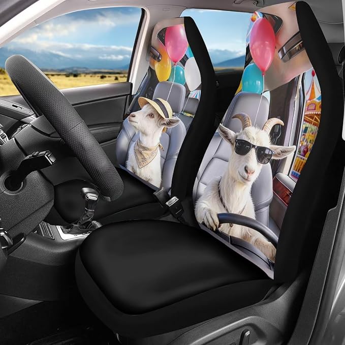 Goat Car Seat Covers Front Seats 2 Pack Funny Automobile Front Seat Covers Stretch Polyester Fabric Cover Auto Interior Accessories Universal Fit for Cars SUV Sedans