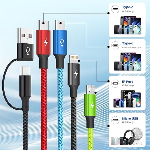 Travel Essentials 4 in 2 Multi Charging Cable [3Pack 5FT], Car Accessories Charging Cable, Chargers for Multiple Devices ith IP/Type C/Type C/Micro, Compatible with Most Phones/Tablets and More