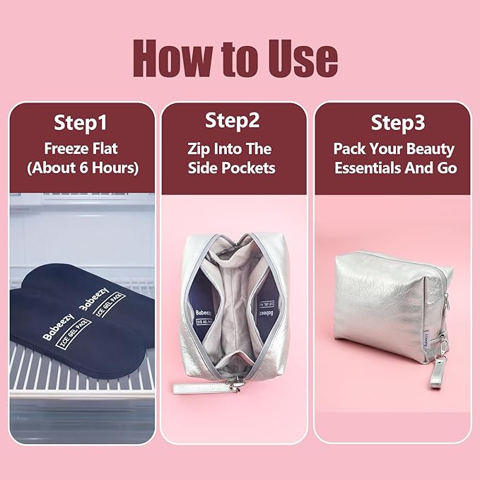 Insulated Cooling Makeup Bag with 2 Reusable Ice Packs Heat-Resistant Cosmetic Travel Organizer Silver Vegan Leather with Water-Resistant Double Zipper & Wrist Strap (Medium: 9.5x4.0x7.0in)