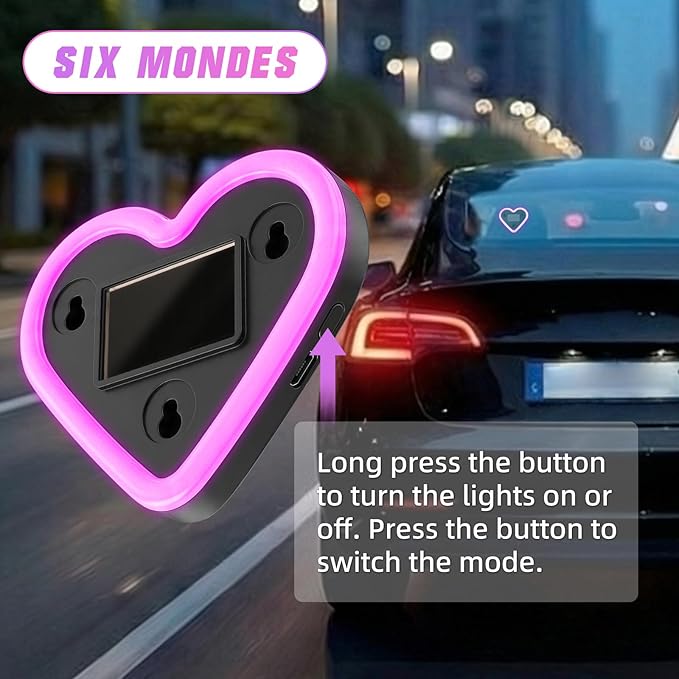 6 Lighting Modes Solar Powered Car LED Ambient Light, Rechargeable Wireless LED Heart Shape C-Pillar Neon Light, AutoGlow Solar Heart Light for Car Window Romantic Decor Surprising Gifts