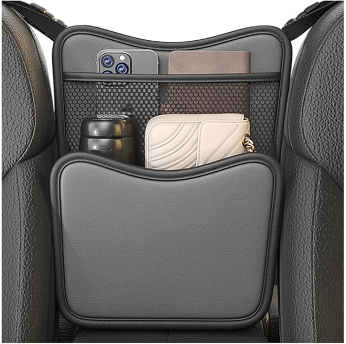 Car Purse Holder Between Seats, Nappa Leather Front Seat Storage Bag with Tissue Holder, Large Capacity Automotive Console Organizer for Document Phone Wallet, Car Accessories (Gray)